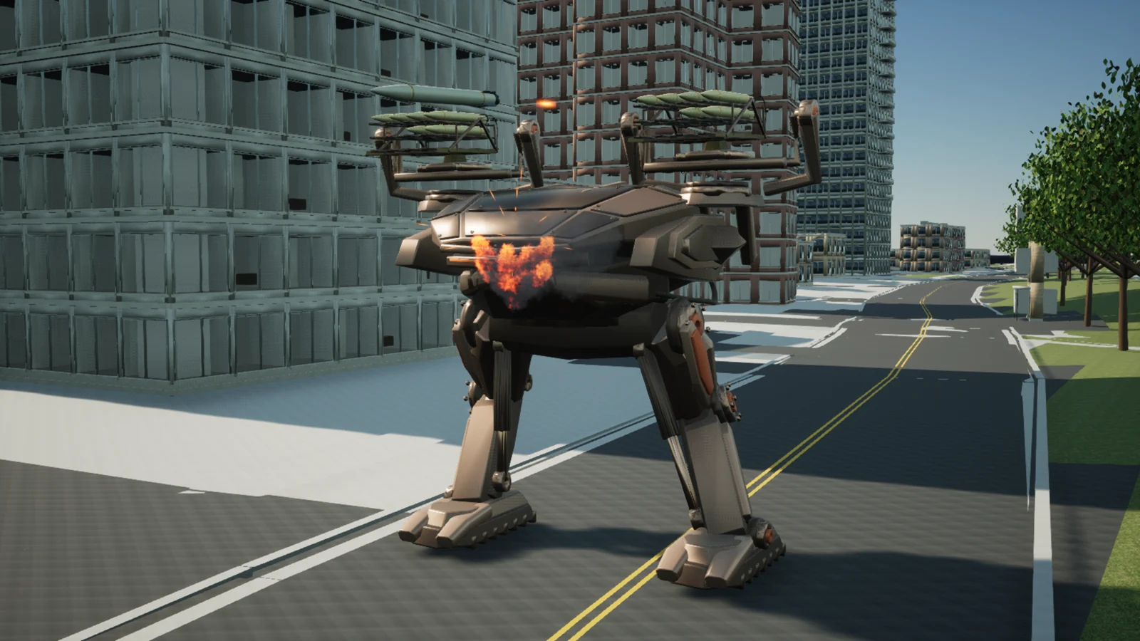 IRONMAW standing in the street with a rocket in flight and an orange impact on its front armor.