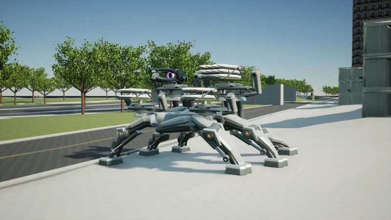 MANTIS-6 with six articulated legs and four mounted weapons