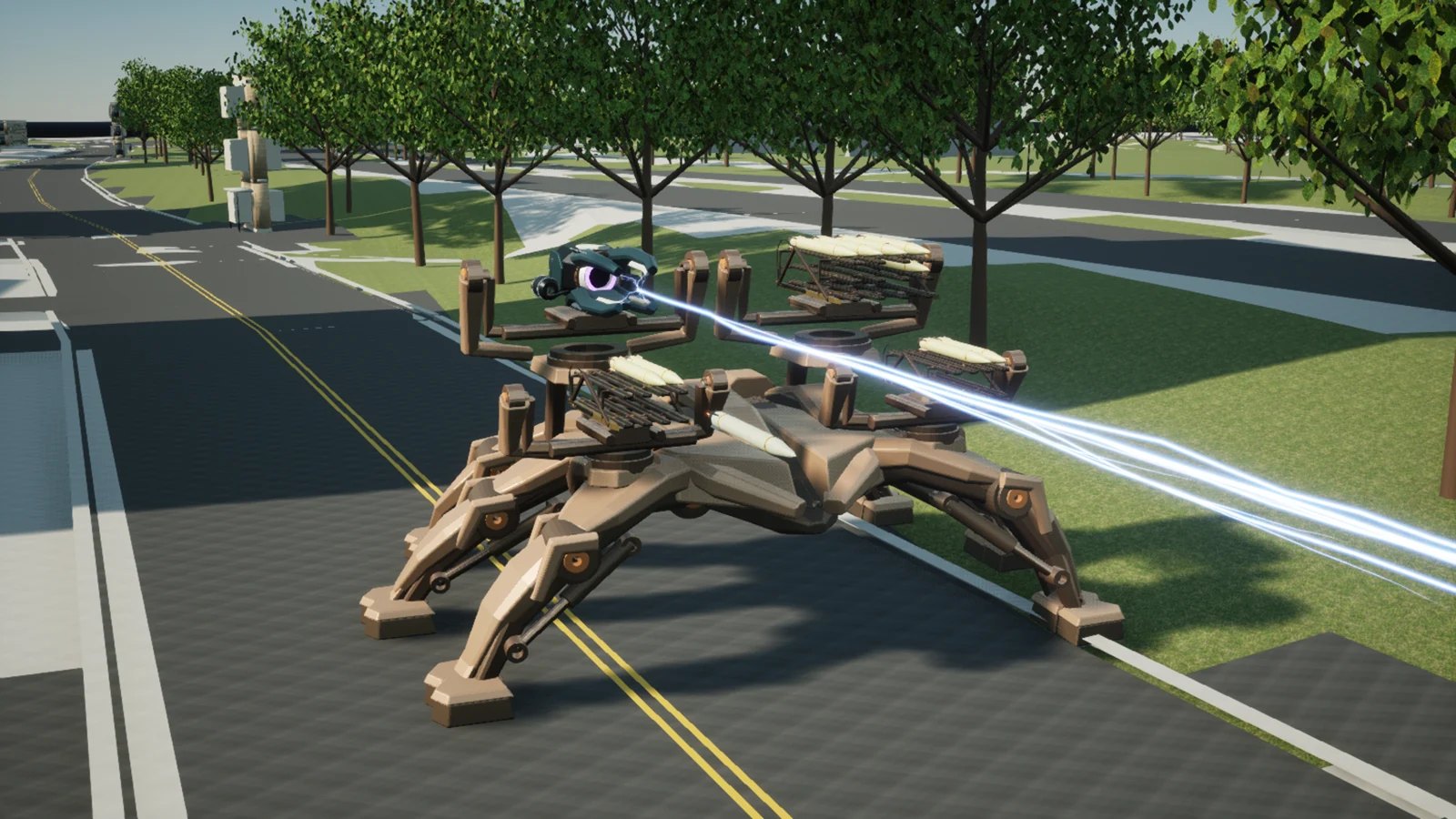 MANTIS-6 firing a bright energy weapon down the street, with three rocket racks mounted around it.