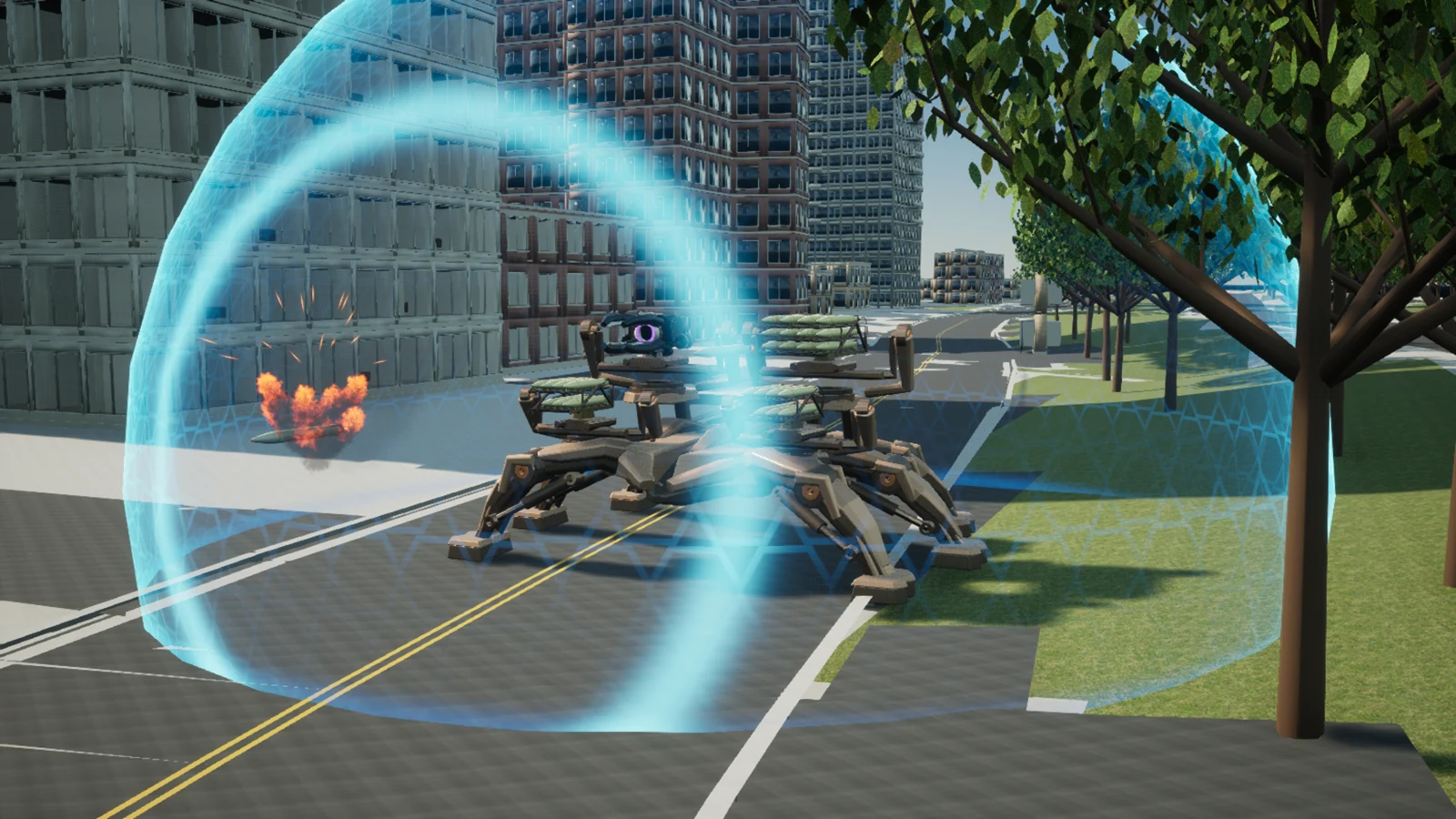 MANTIS-6 inside a translucent blue force-field dome with a rocket impact at its edge.