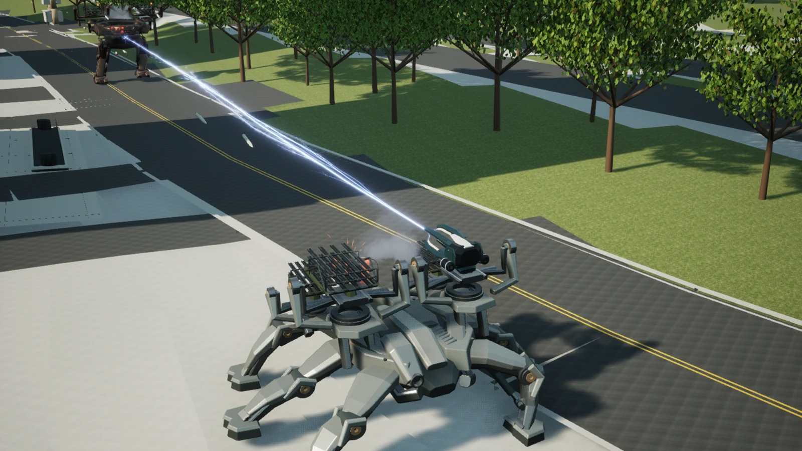 An elevated view behind MANTIS-6 showing weapon fire toward IRONMAW down a city street.