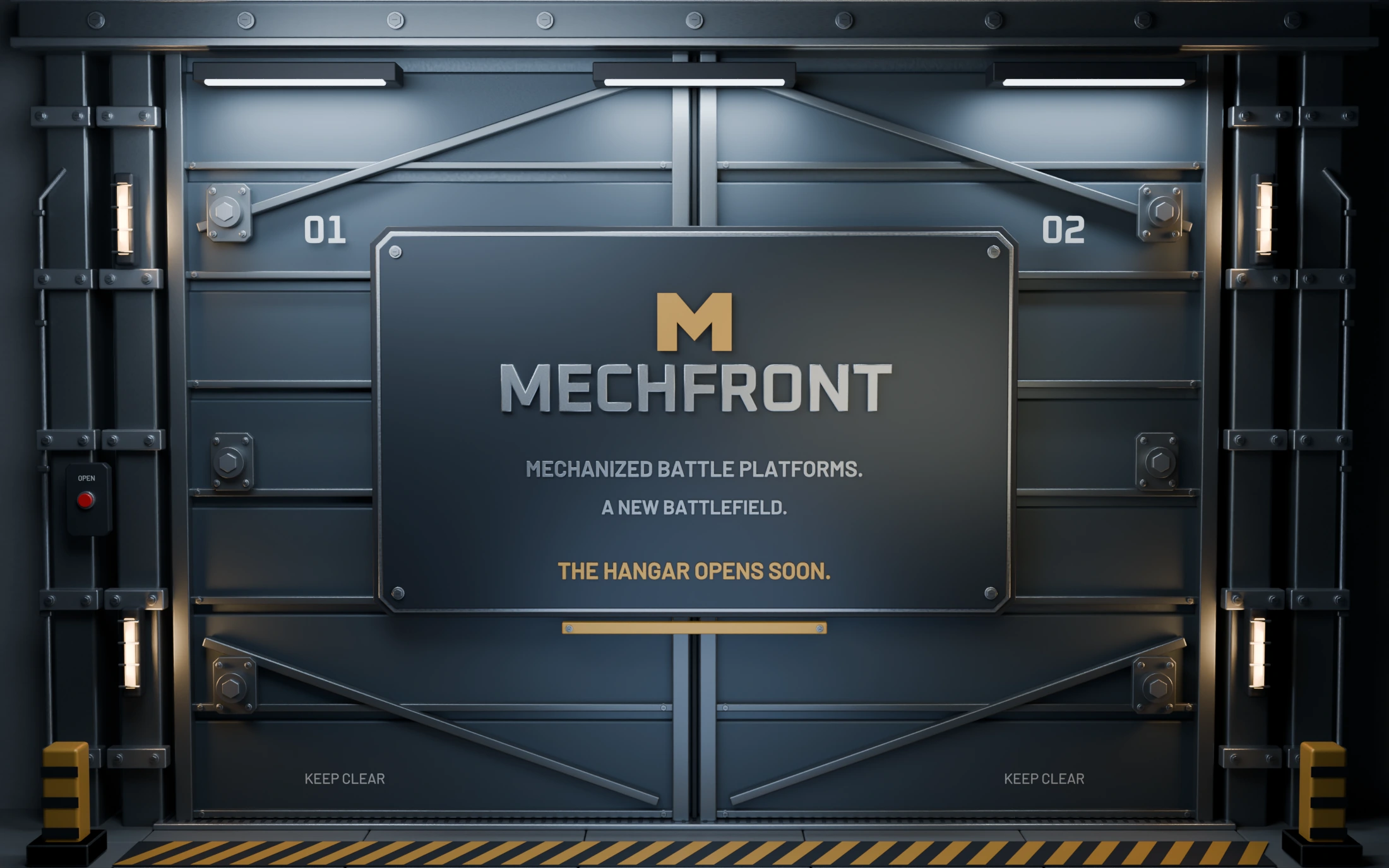 Closed steel hangar doors with a bolted metal MechFront sign, raised, beveled metal lettering.